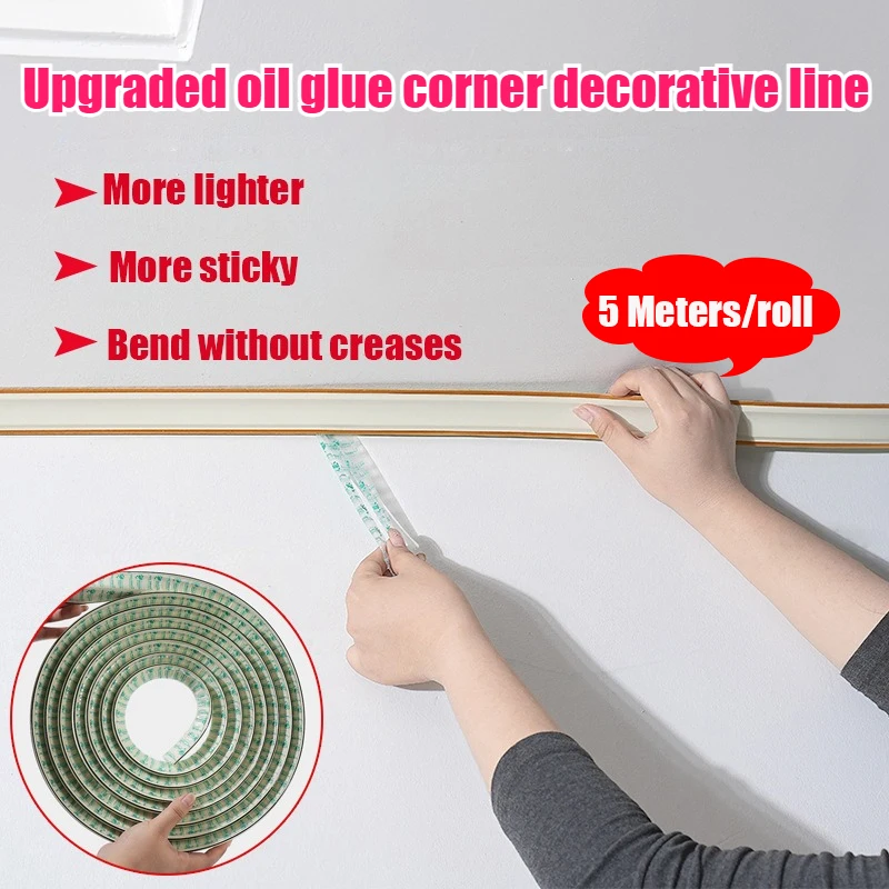 5M Self-Adhesive Corner Decorative Line Upgraded Oil Glue Wall Trim Flexible EVA No-Crease Skirting Border for Home Decor