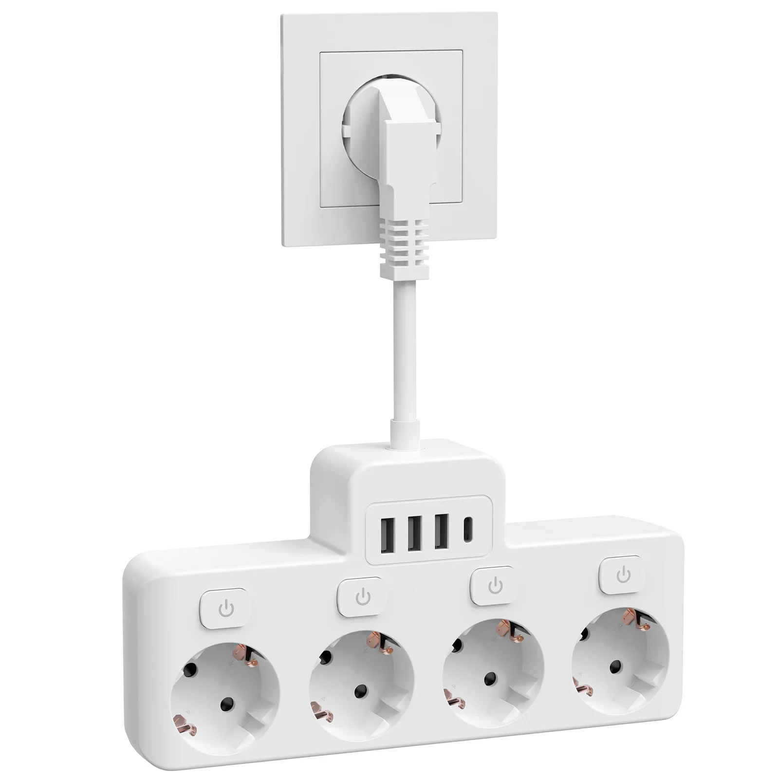 

Euro 4AC switched socket with 3 USB-A and 1 USB-C power strip, 3840 W/250 V/16 A socket adapter for home travel office White