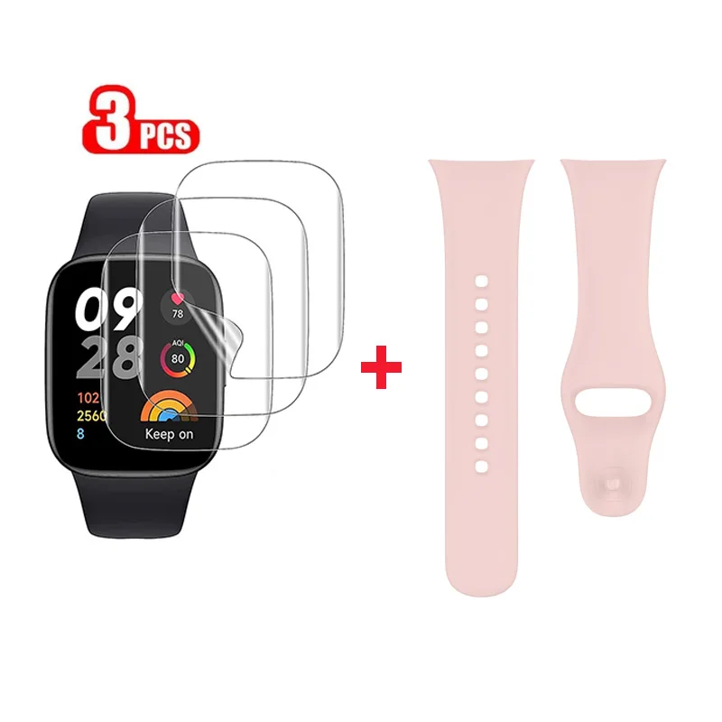 Pulseira de silicone para relógio Redmi 3, 3 ativos, 3 Lite, 2em 1, protetor de tela HD anti-risco, 3 peças