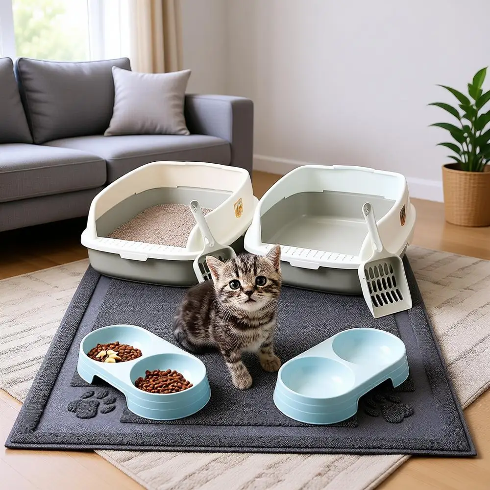 

7 Pcs Kitten Litter Box Starter Kit, 2 Small Kitty Litter Boxes with Scoop, 2 Double Cat Bowls and Mat for Indoor Use (Gray)