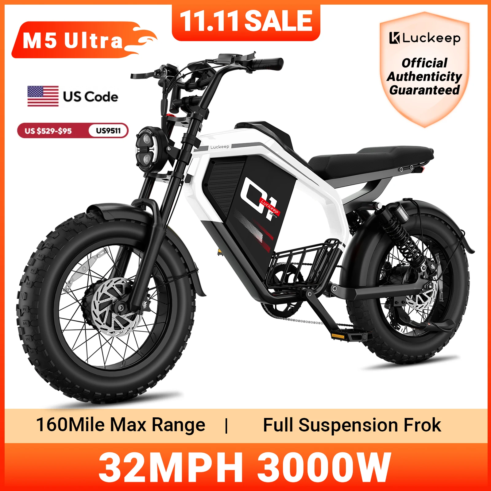 

Luckeep M5 Ultra Electric Bike for Adults/Teen, 3000W Peak Dual Motor, 52V 40Ah Dual Battery,160 Miles 32MPH