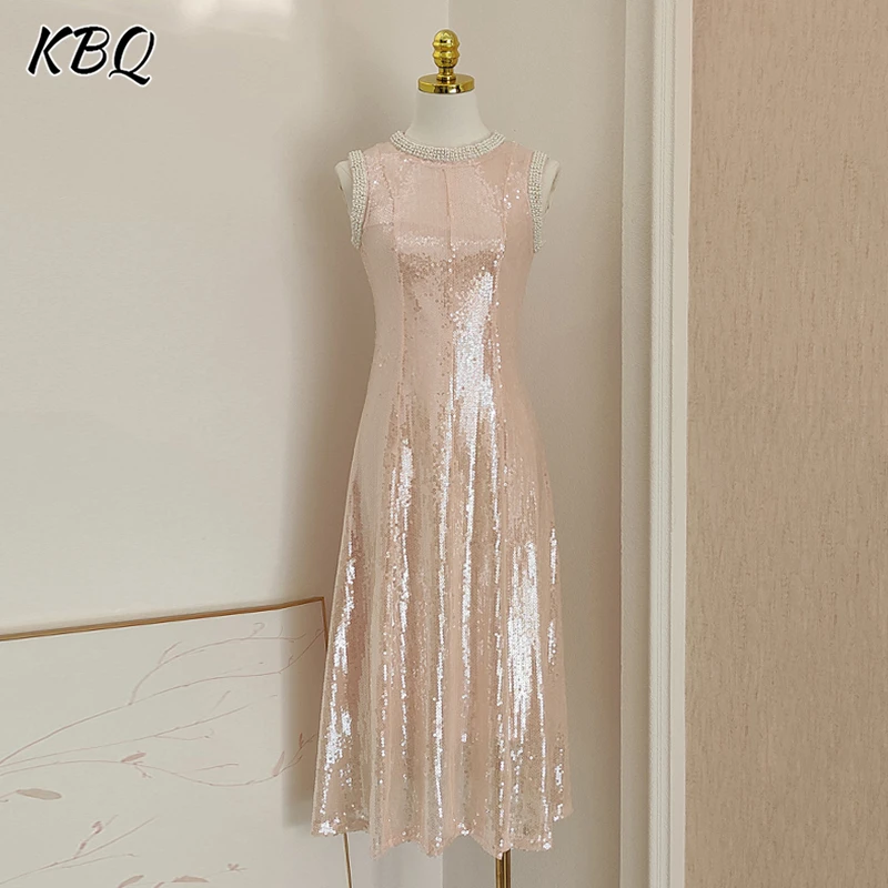 

KBQ French Solid Spliced Diamonds Slimming Dresses For Women Round Neck Sleeveless Temperament Dress Female Fashion Style New