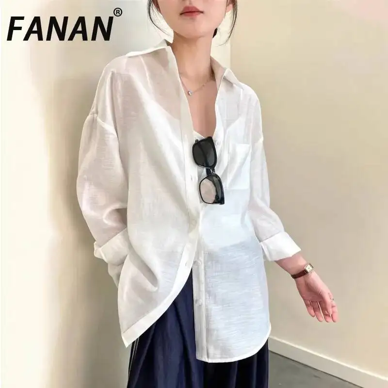 

Женские льняные рубашки FANAN 100% с защитой от солнца, однотонные, с длинным рукавом, минималистичные, универсальные блузки, женская одежда, новинка лета 2026, топы