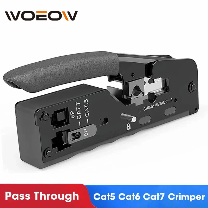 

WoeoW RJ45 Crimp Tool Pass Through Connectors Crimper Cutter Stripper for Cat7 Cat6 Cat8 Cat6a Cat5e Cat5 8P8C Modular Ends