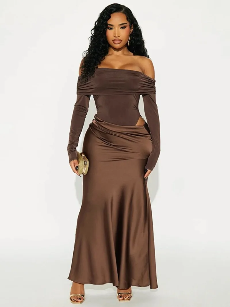 FDYOUI エレガントシックサテンパッチワークホローアウトロングドレス女性スラッシュネックフルスリーブ非対称ブラウンイブニングパーティードレス