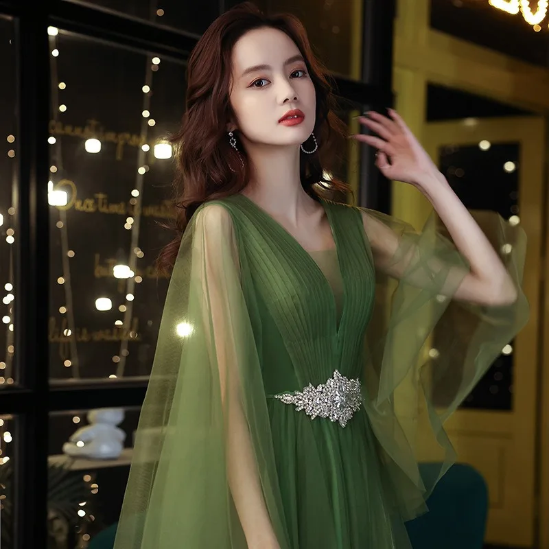 Elegant Evening Gown V Neck Long Sleeve Tulle Pleat Party Prom Dress A Line Special Occasion Floor-length Robes De Soirée