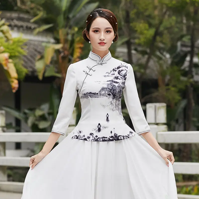 Cheongsam Women's Plus Size Stand Collar Tops 2023 Spring Cotton Blend Prints Tradition Chinese Style Hanfu Qipao Shirts Woman