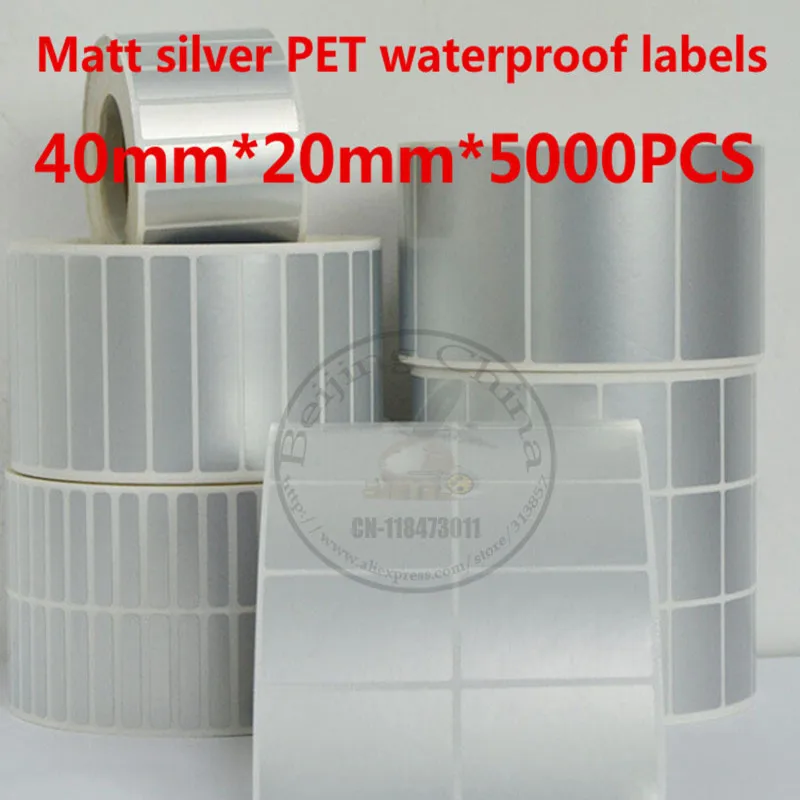 Etiqueta de papel 40mm x 20mm x 5000pcs à prova dmatte água matte silver pet carretel adesivos