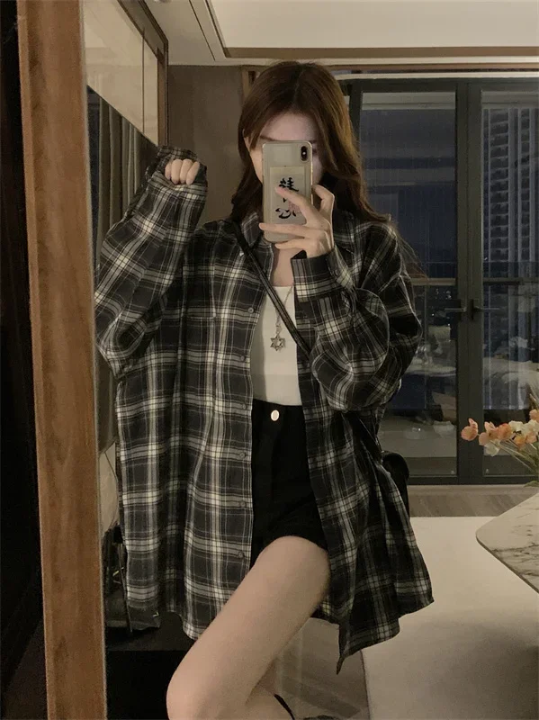 Idle Sle Retro Plaid Polo Collar Long sleeve Shirts Women clothes Autumn New Casual All-matching Loose Top Outerwear y2k ins emo