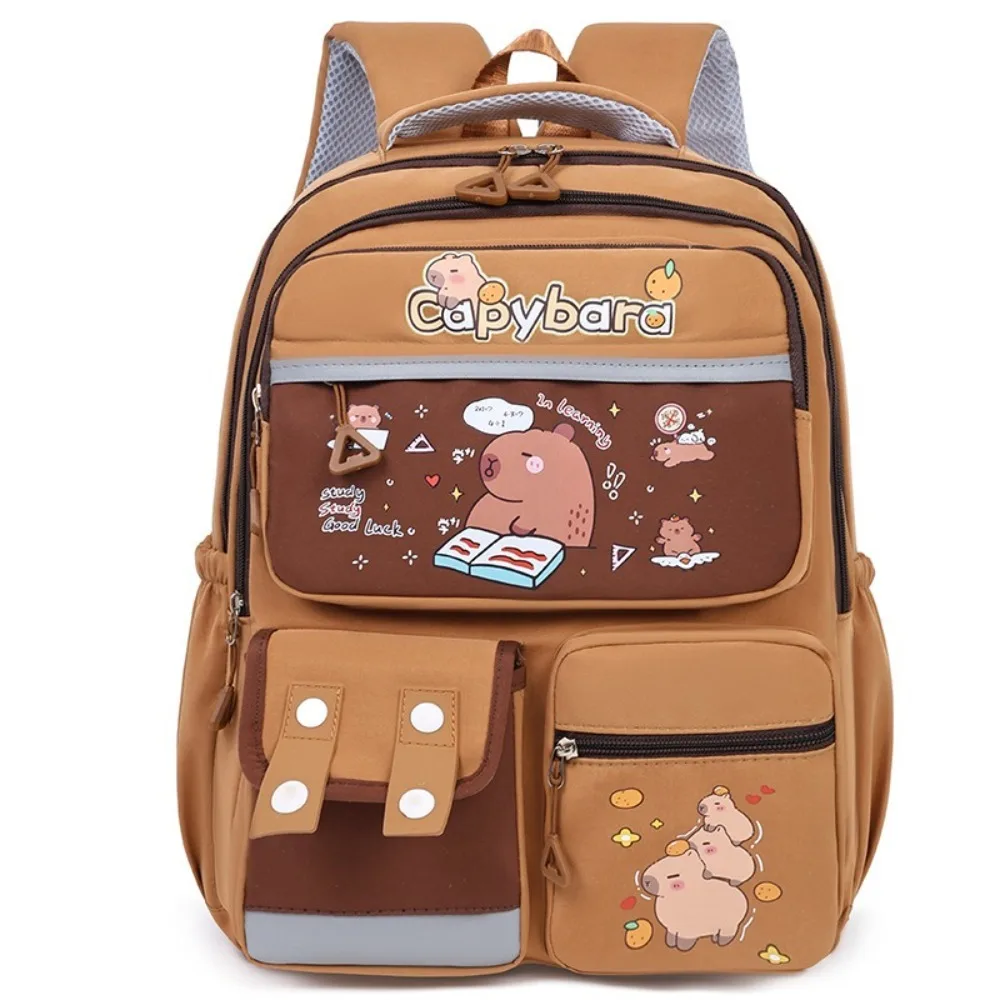 large-capacity-capybara-backpack-nylon-multi-pocket-cute-animal-bookbag-lightweight-adjustable-strap-student-school-bag