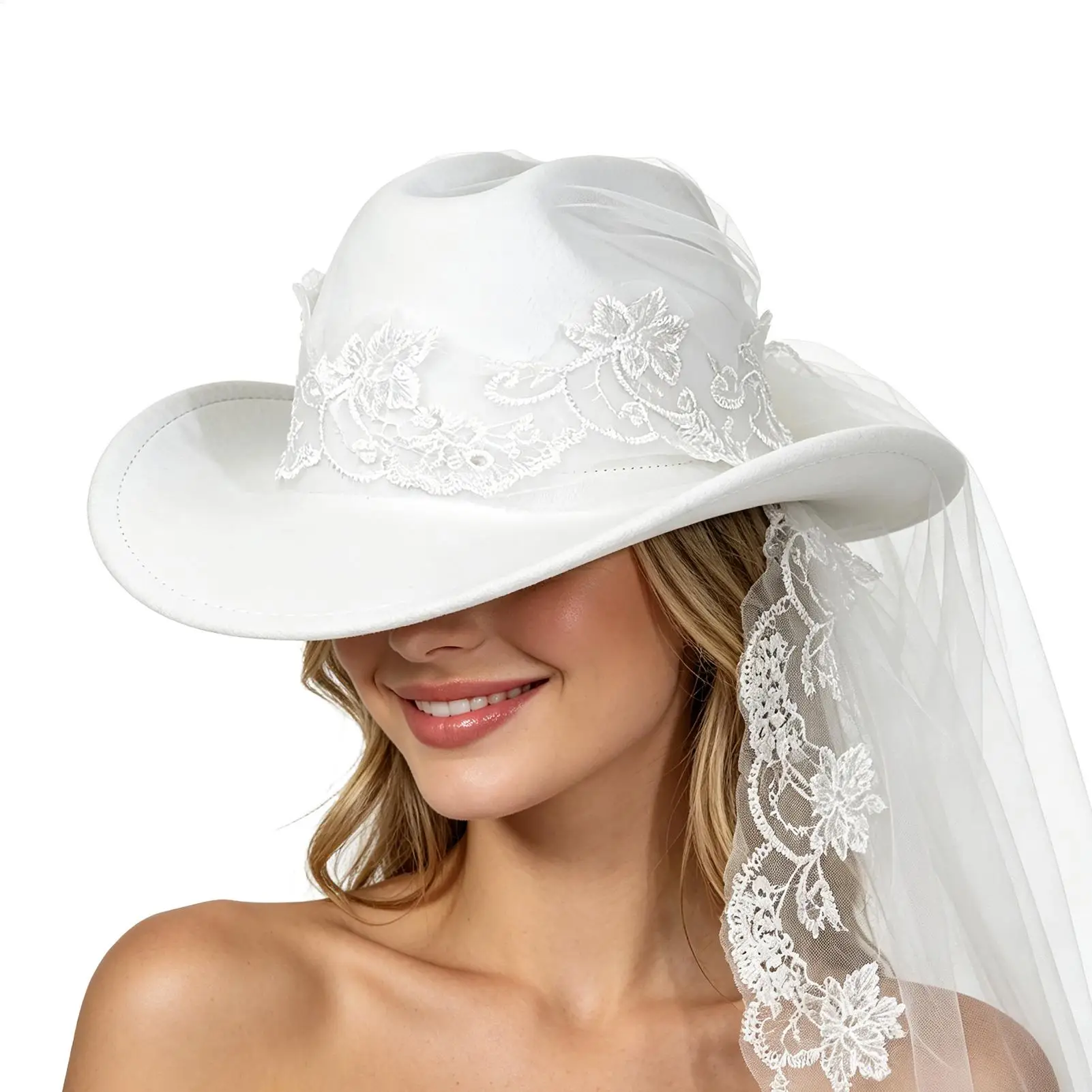 Bride Cowgirl Hat with Veil Bachelorette Party White Headwear Bride Cowboy Hat for Wedding Women Girls Birthday Dress Shower