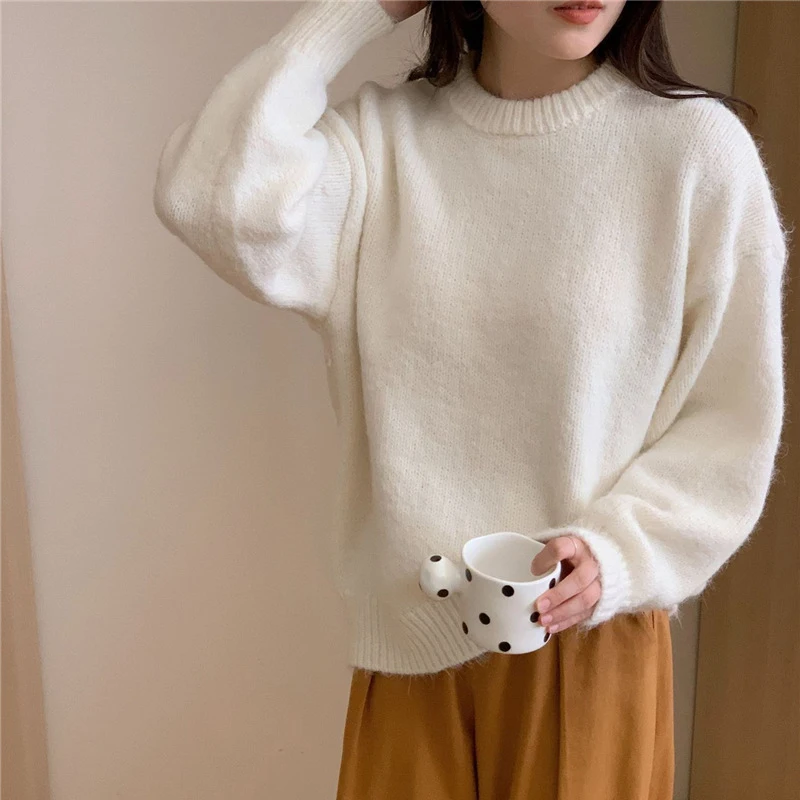 Maglioni lavorati a maglia girocollo color caramello Donna Autunno Inverno Maglieria a maniche lunghe Donna Semplice Pullover maglione allentato tutto abbinato