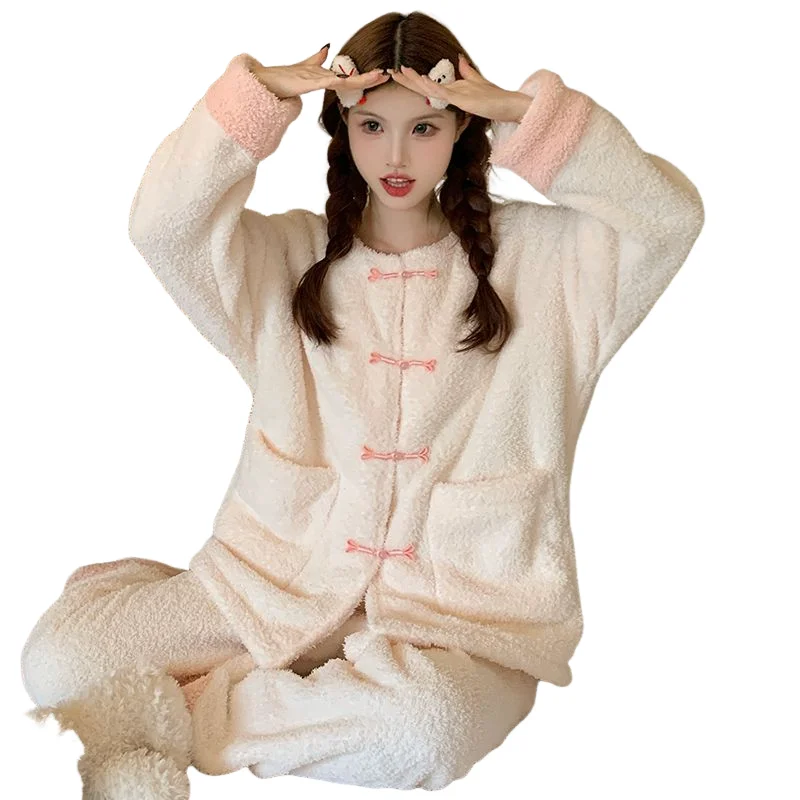여성용 코랄 플리스 파자마 세트 단색 겨울 따뜻한 잠옷 편안한 플란넬 라운지웨어 홈웨어 봄 나이트웨어