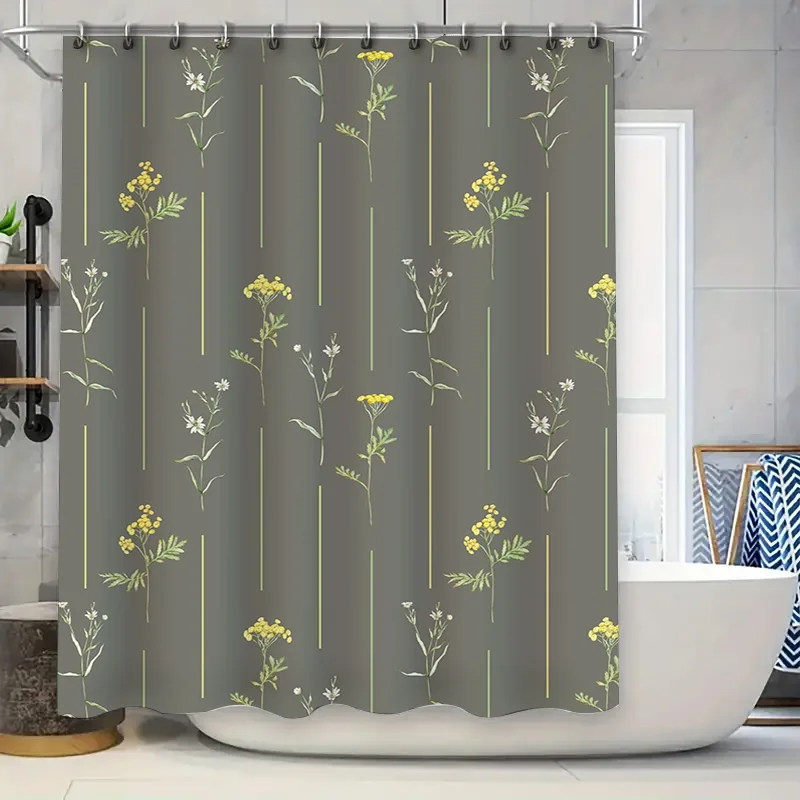 

Modern Style Flower Printed Shower Curtain Waterproof Bathroom Decor Customizable Size Gray Yellow White Colorful Raindrops Bath