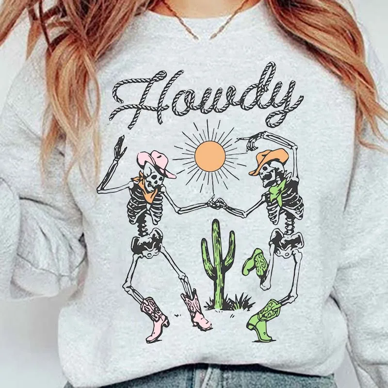 Howdy Skeleton Cowgirl Western Style Sweatshirt Hoodies Autumn Vintage Hippie Boho Women Graphic Top Retro Long Sleeve Clothing