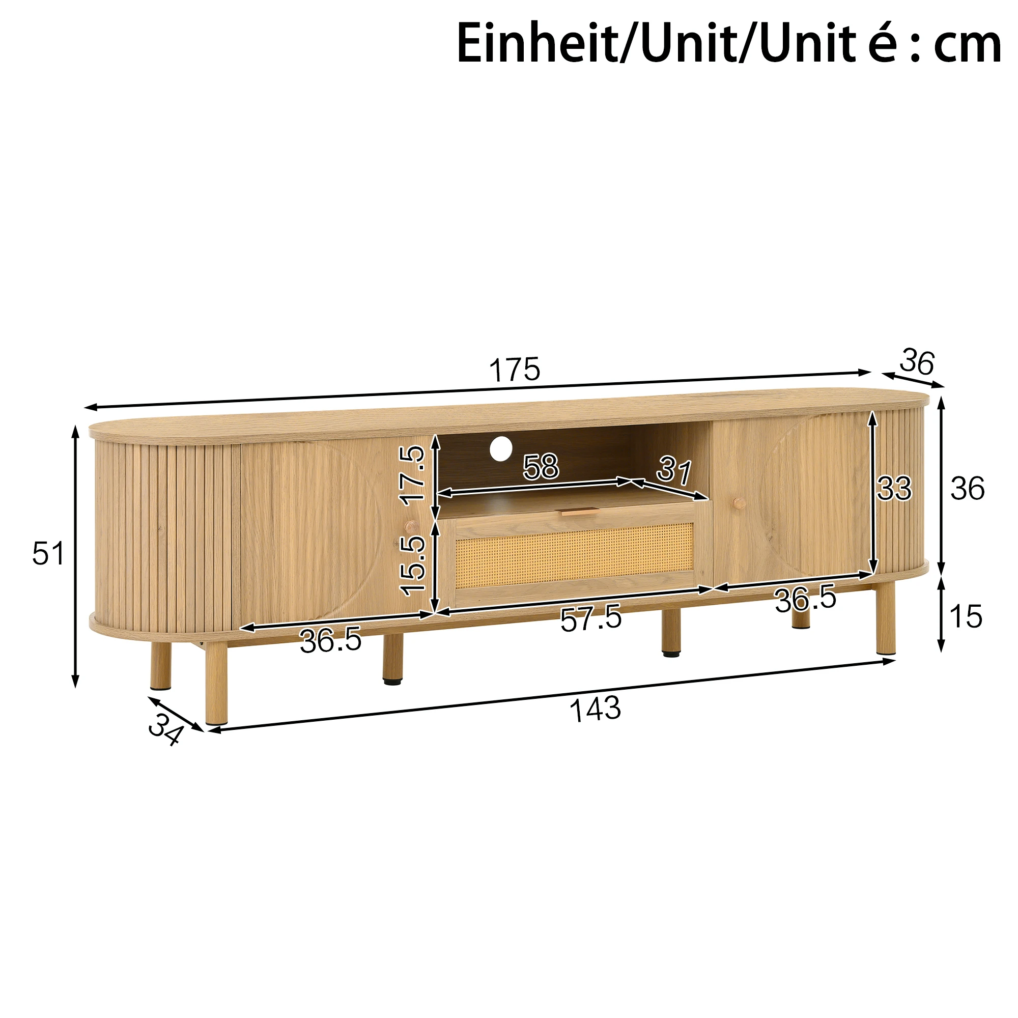 PINGGO Moderner TV-Schrank mit Rattanschublade, offenen Regalen, runder Tischplatte, Metallbeinen, Holzoptik, 175x36x41 cm – Detail 2