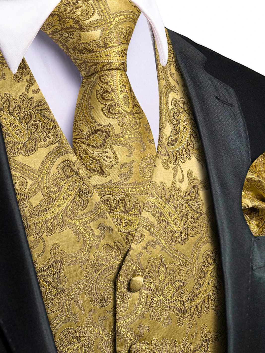 VERVEROW 4PCS Gorgeous Jacquard Waistcoat Set, Men Slim Fit Formal Suit Vest Tie Bow Pocket Square Set Wedding Prom