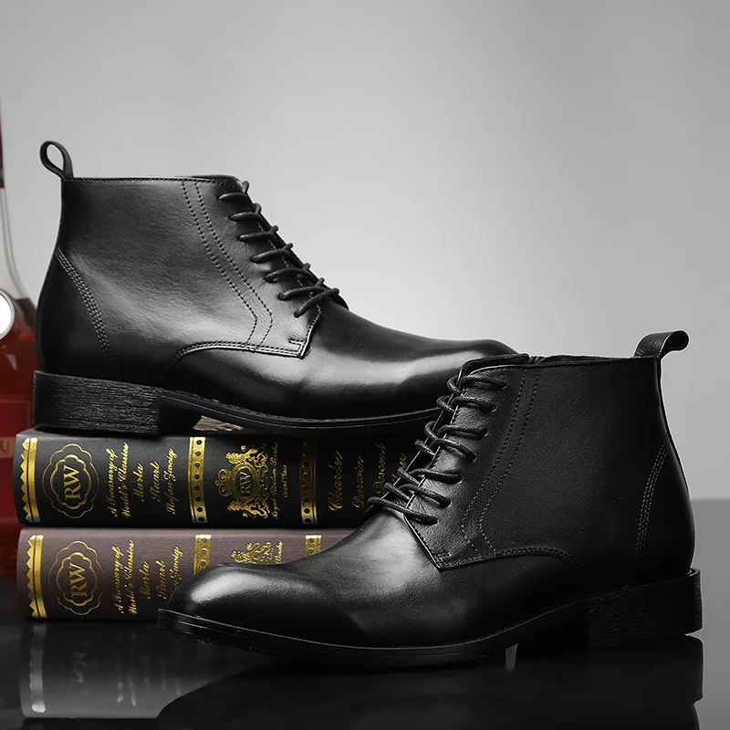 

Luxury Men's Genuine Leather Ankle Boots Male Plain Toe Zipper Derby Shoes Handmade Lace Up Office Formal Basic Boots for Men