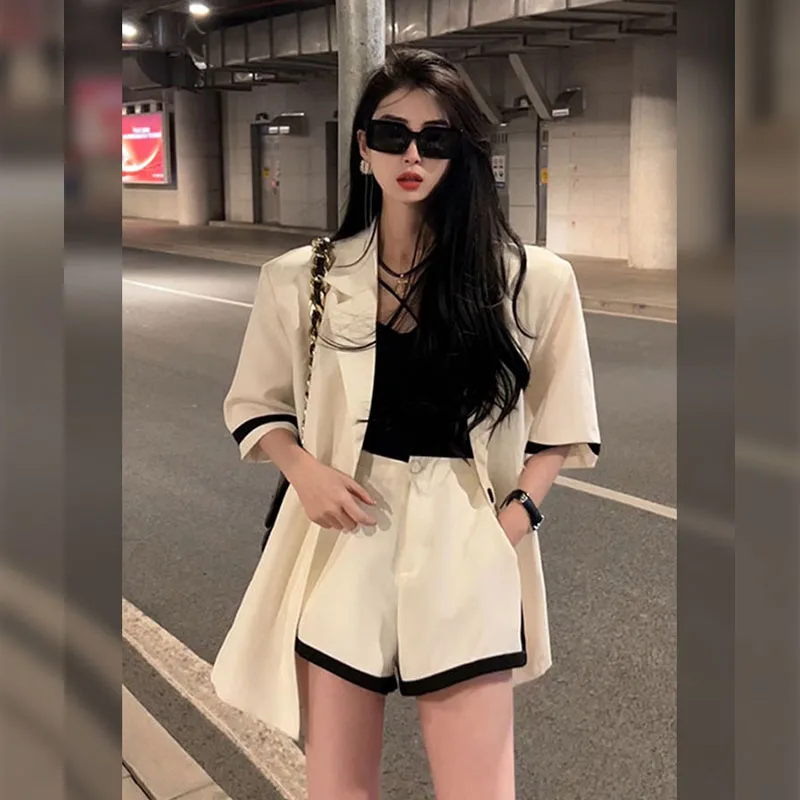 2024 Summer New Black and White Suit Set Short Sleeved Top Color Shorts Women's Short Set Two Piece Set for Women Outfits Luxury