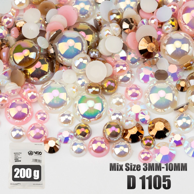 VDD 200g Großhandel Mix Größe Halbrunde Perlen ABS Flatback Perlen Harz Farbe AB Strasssteine zum Basteln DIY Nail Art Dekorationen – Detail 8
