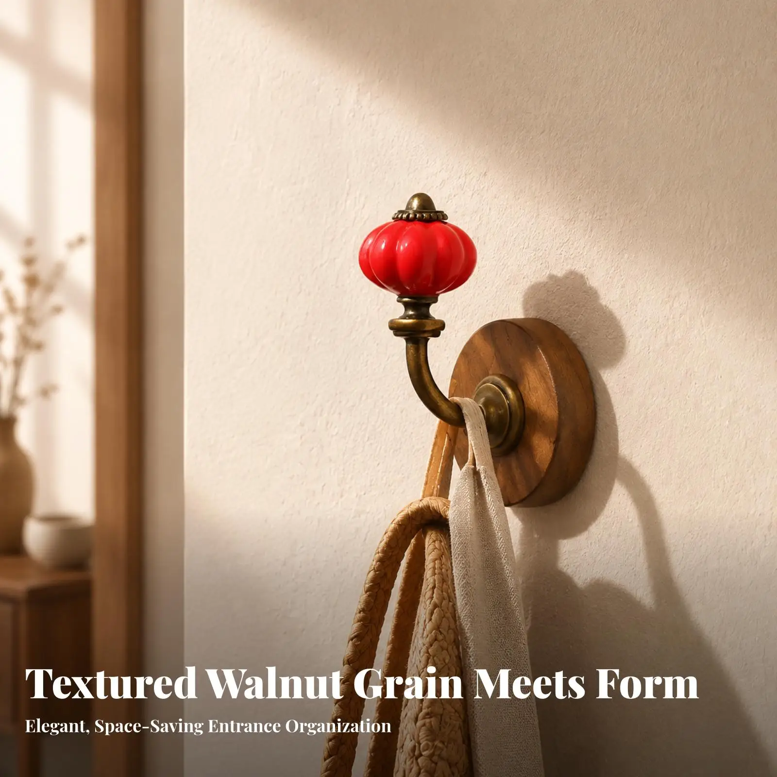 Decorative Wall Mounted Coat Hook with Glossy Ribbed Ceramic Knob and Metal Arm for Bedroom Entryway
