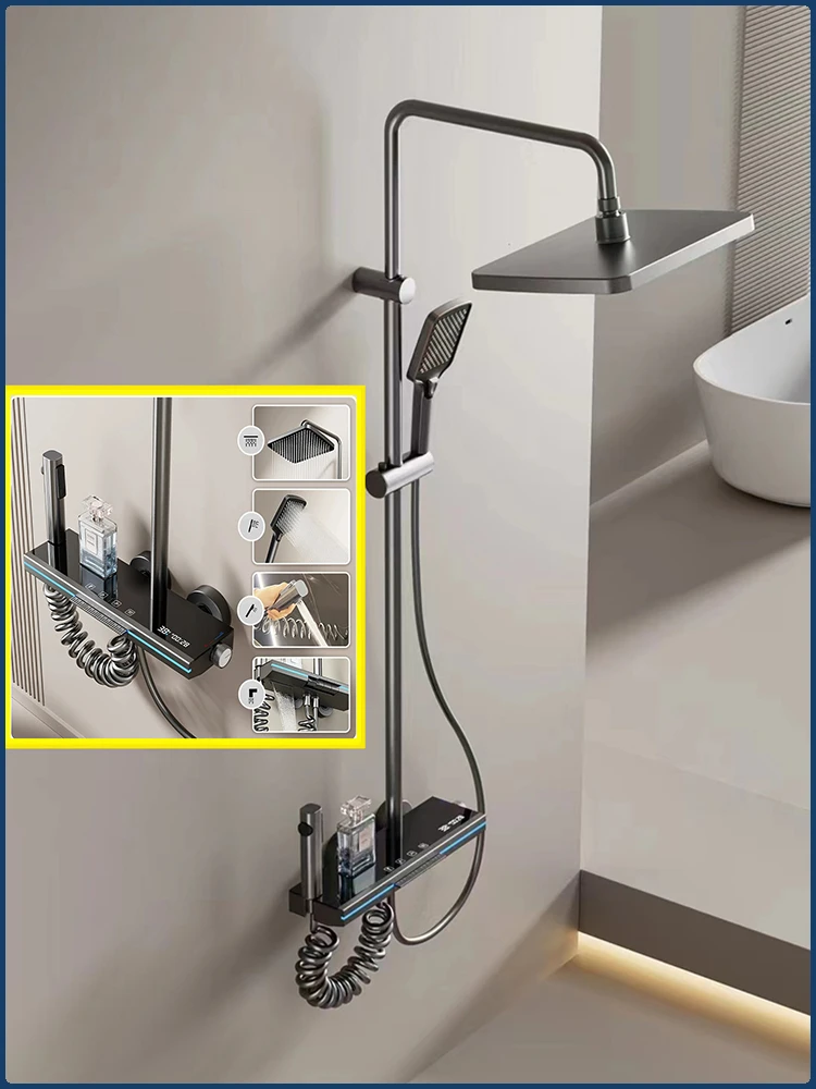 

Piano Key 4 Function Water Outlet Rainlfall Shower System Bathroom Wall Mounted Intelligent Digital Display Shower Faucet Set