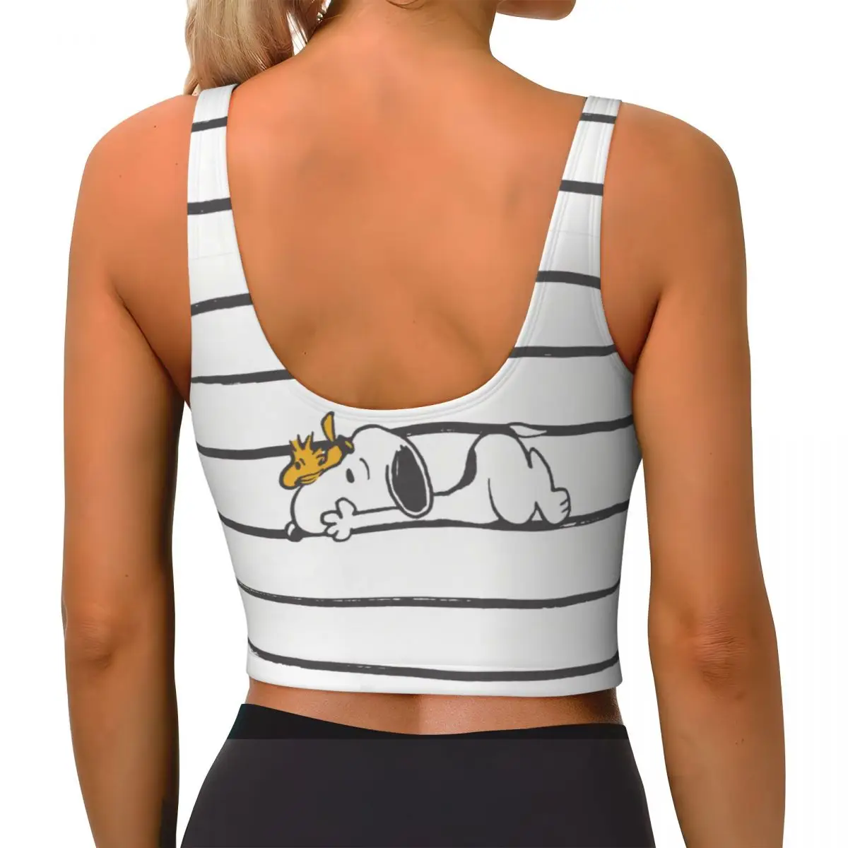 Niestandardowe damskie biustonosze sportowe Snoopy & Woodstock Smile Giggle Laugh Cartoon Comic Dog High Impact Gym Workout Running Crop Tank Tops