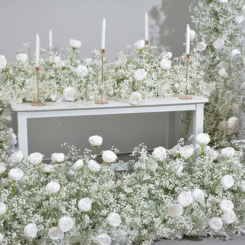 Custom Baby Breath Rose Flower Row Wedding Backdrop Arch Arrangement Party Table Centerpieces Ball Event Table Flower Runner