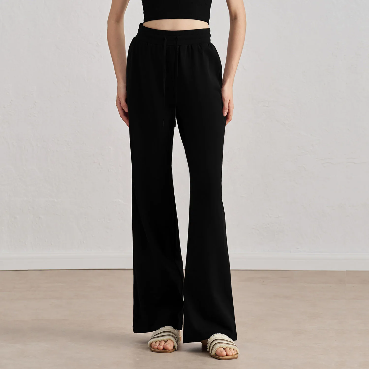 QUMOR بنطال رياضي فضفاض غير رسمي عالي الخصر برباط للنساء رمادي سادة أساسي بسيط مستقيم الساق بنطلون الركض #5