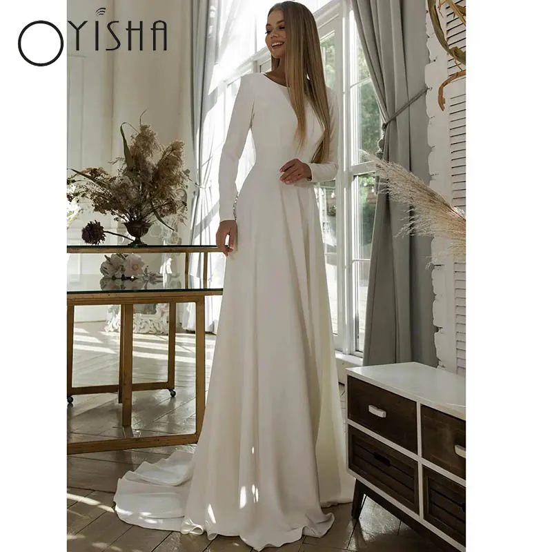 

OYISHA Ivory Crepe A-Line Wedding Dresses Sweep Train Custom Made Long Sleeves vestidos de novia Floor-Length Bridal Gowns