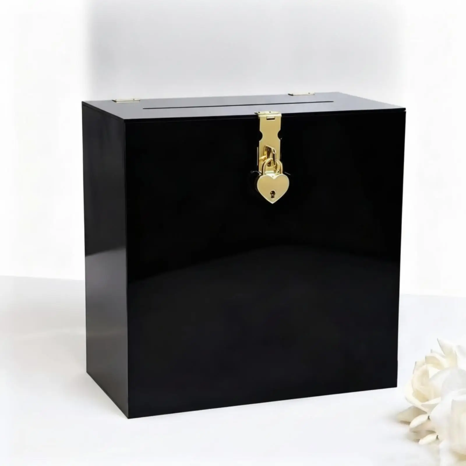 Clear Acrylic Wedding Card Collection Box with Locking Cover for Envelopes and Guest Notes