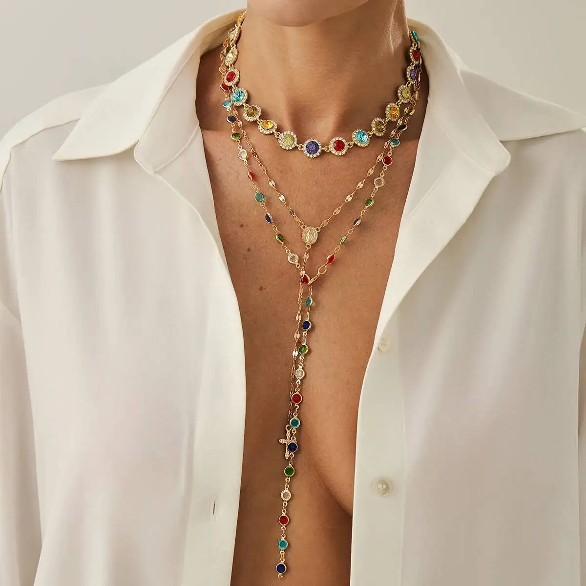 

3Pcs/set Exquisite Colorful Rhinestone Crystal Necklace for Women Boho Cross Pendant Chain Y2K Halloween Jewelry Gifts New
