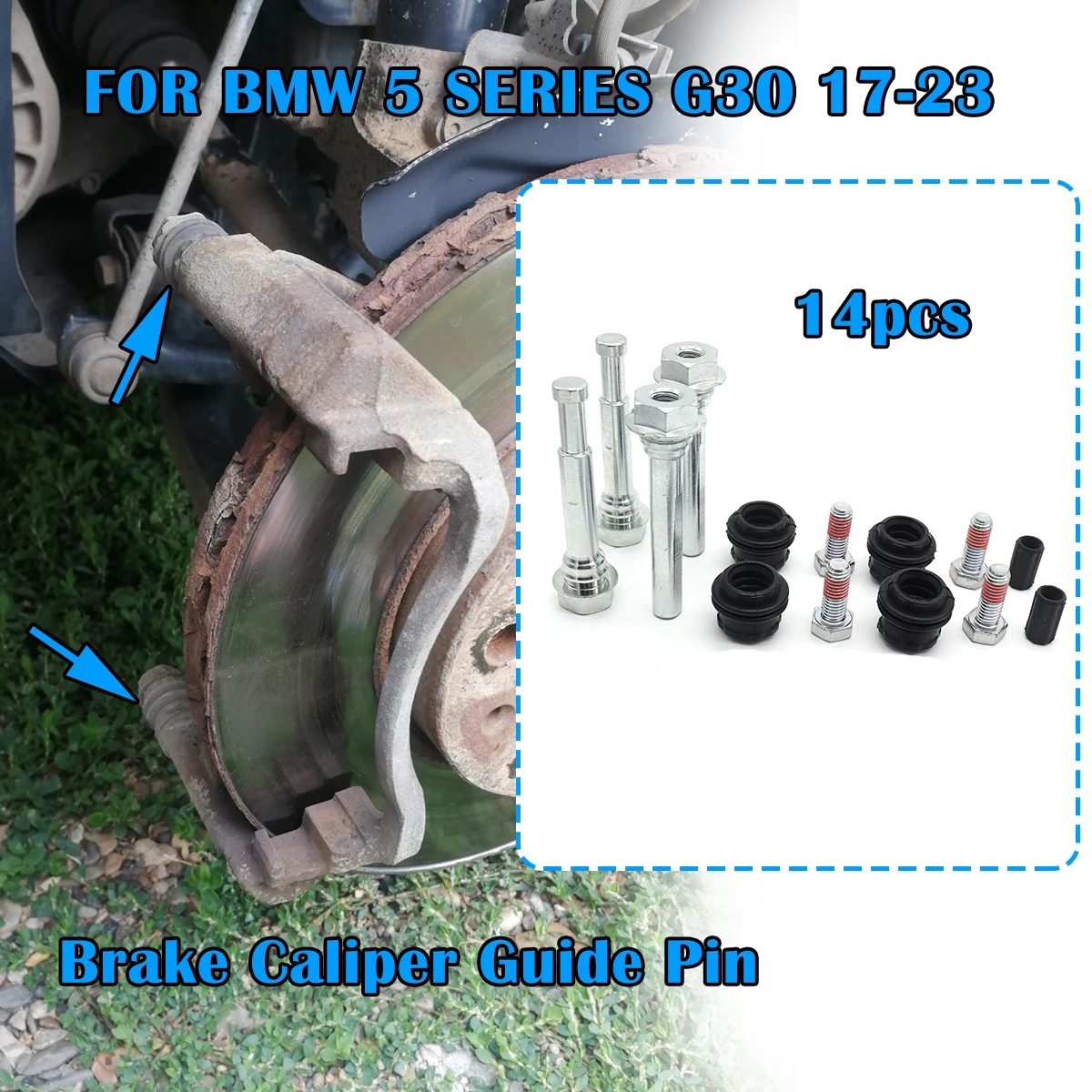 

14pc Brake Caliper Cylinder Slider Guide Pin FOR BMW 5 SERIES G30 17-23 345MM DISC For Disc Housing Bolts Bushing Boot Seal Kit