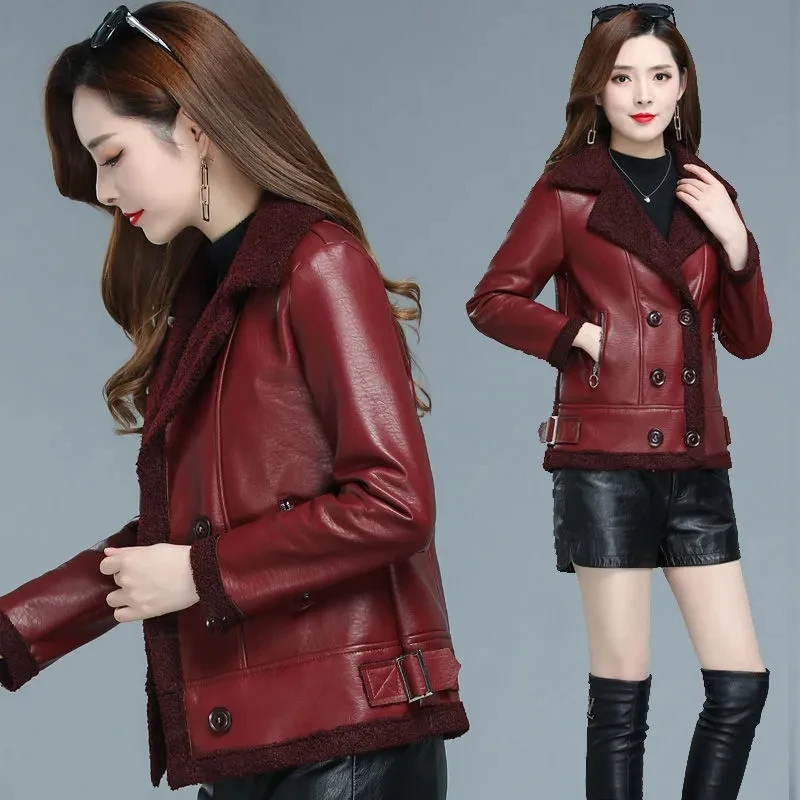 Fashionable Short Leather Coat Winter  New women's Clothing Loose Fit Thin Autumn Winter Fleece Women's Fur One Body Warm  Coat