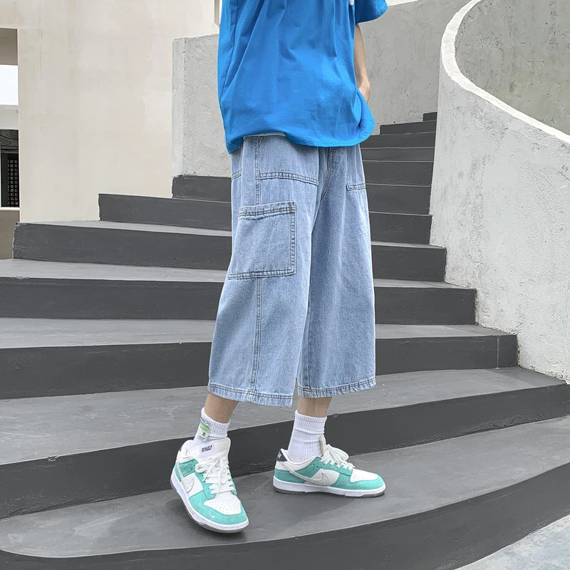 

Men's Summer Thin Denim Shorts American Retro Style Loose Straight Leg Light Blue Seven-Five Pants Wear Resistant Jeans Shorts