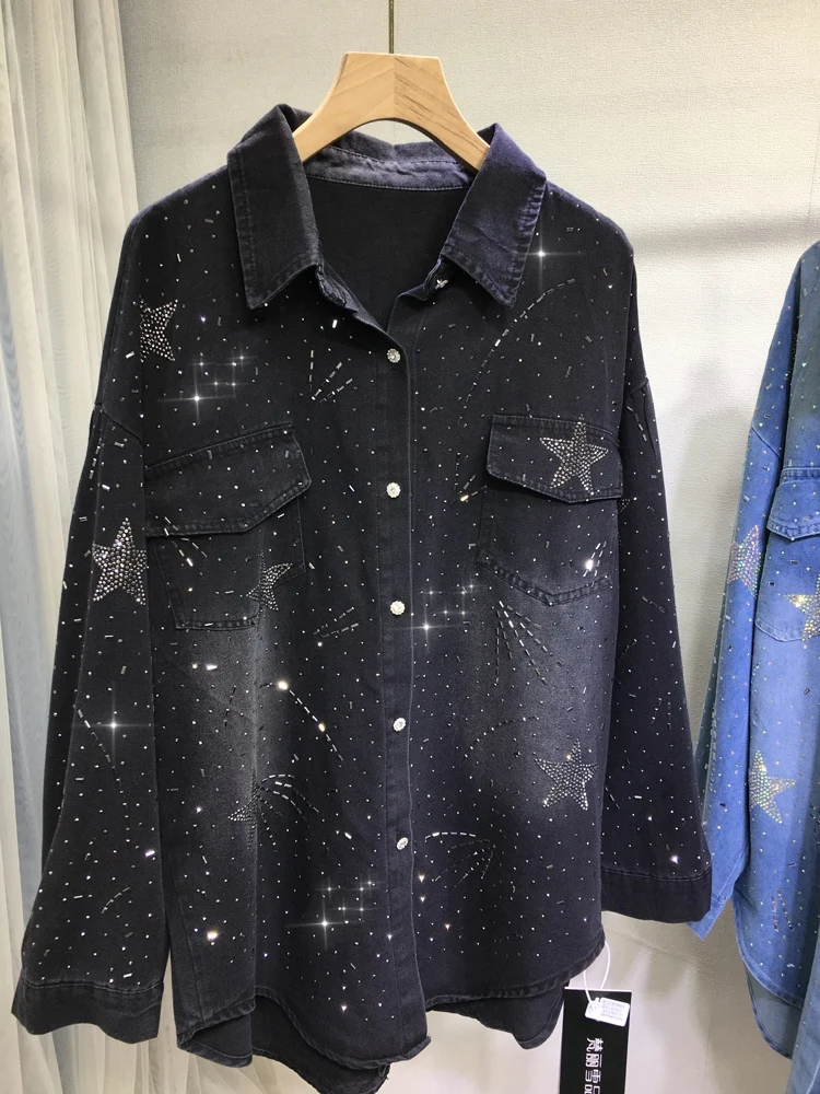 

Luxury Style Sparkle Rhinestone Hot Drilling Denim Jacket For Women's Fashion Blouses 2025 New Long Sleeve Outwear Denim Top