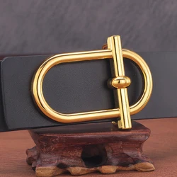 Cinturón de piel de vaca con hebilla deslizante para hombre, Correa ancha de lujo de 3,8 cm, de cuero genuino, pretina informal dorada de diseñador