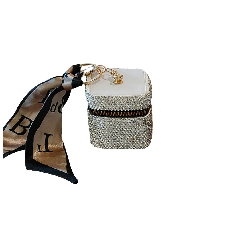 Mini Bolsa de Diamantes para auriculares, luz colgante de lujo, cilindro con incrustaciones de diamantes, bolsa de lápiz labial, monedero brillante,