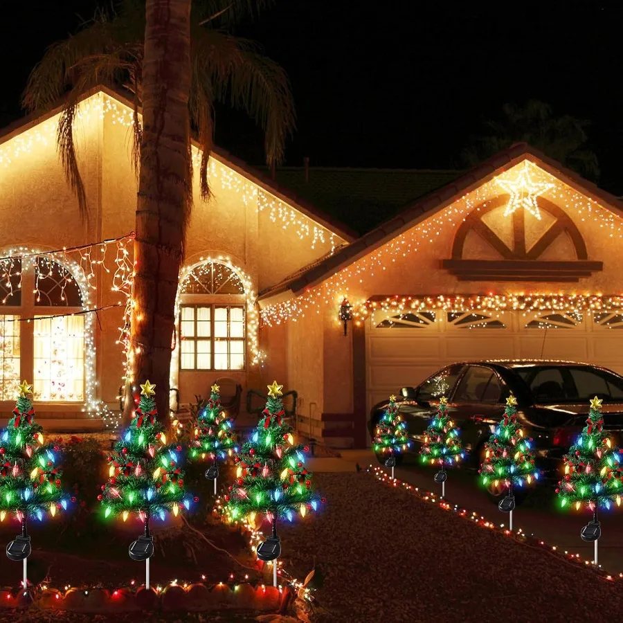 Arbre de Noël solaire à l'extérieur, paquet de 4 arbres de Noël solaires étanches avec 80 lumières LED, 2 Modes de clignotement, décorations de Noël solaires