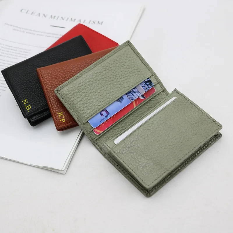 

Personalized Men Genuine Cow Leather Business Card Holder Women Bifold Leather Credit Card Case Coin Purse