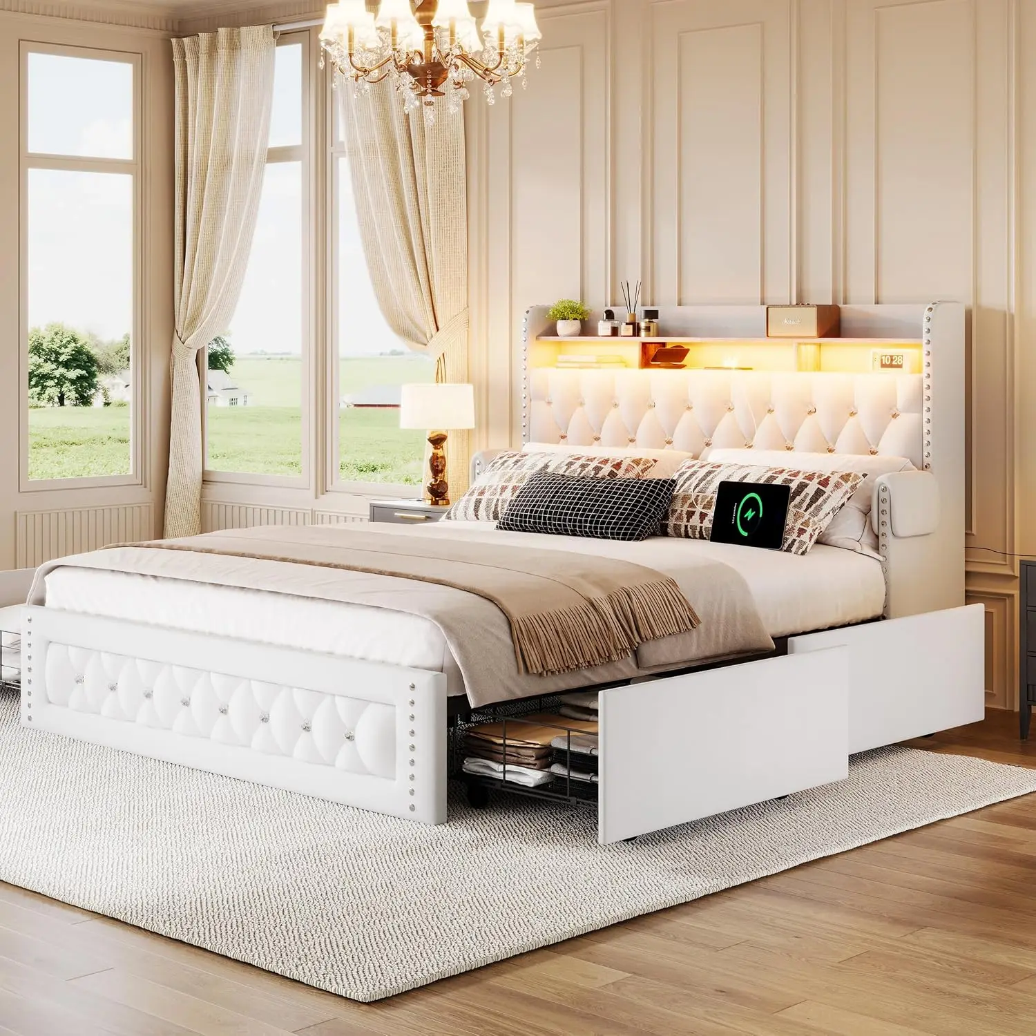 Queen Size Bed Frame with 4 Storage Drawers,Velvet Upholstered Queen Platform Bed with Charging Station and Storage, Customized
