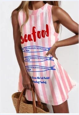 

Summer Sweet Printed Dress For Women Casual O Neck Sleeveless Loose Mini Dresses 2025 Vestidos Women's Holiday Beach Sundress