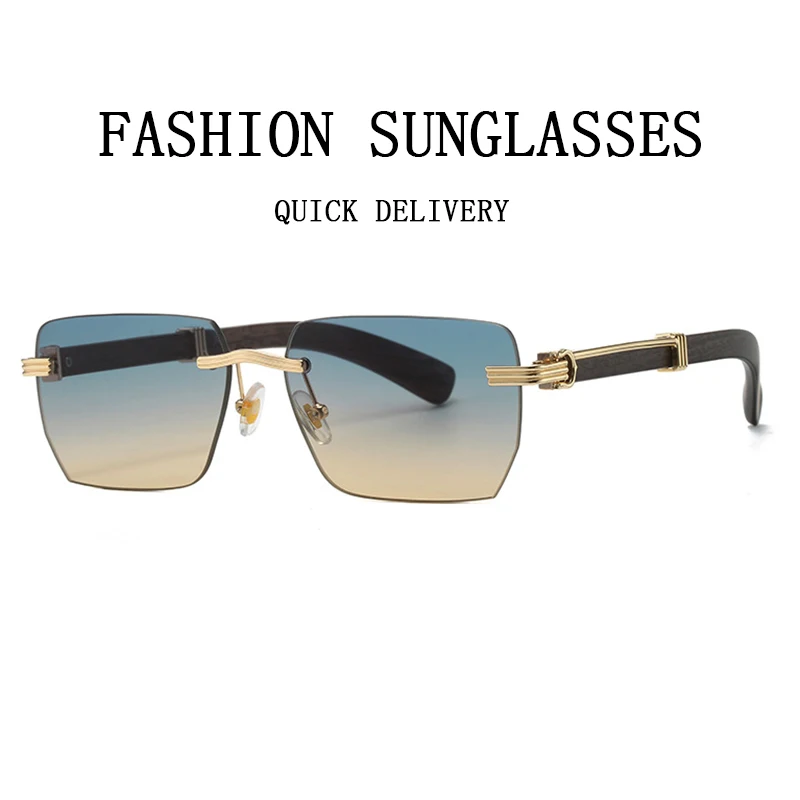 New Fashion Sunglasses Women Trendy Wooden Vintage Square Sunglasses For Men Rimless Sun Glasses Luxe Gafas De Sol Hombre Lentes