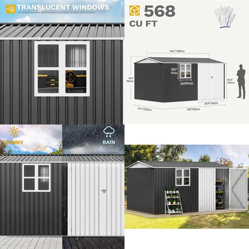 

Всепогодный металлический уличный навес с окнами, запираемой дверью и наклонной крышей для сада, патио, инструментов, велосипеда и хранения домашних животных (Gra