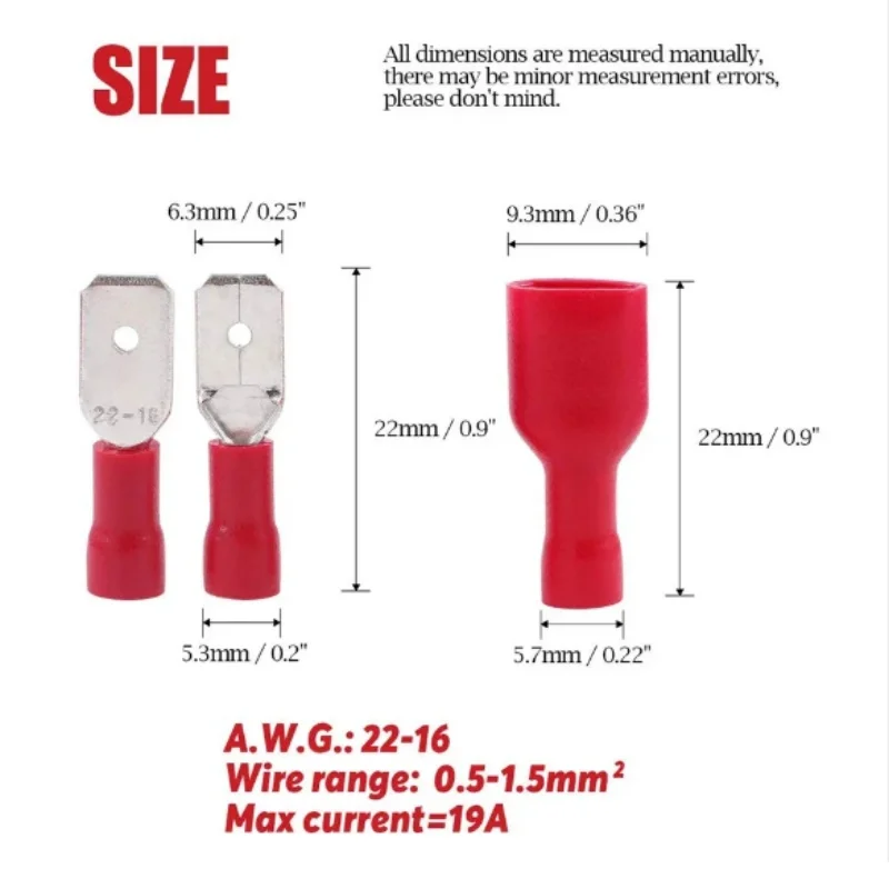 60PCS Male & Female Insulated Spade Connectors, 6.3mm (1/4