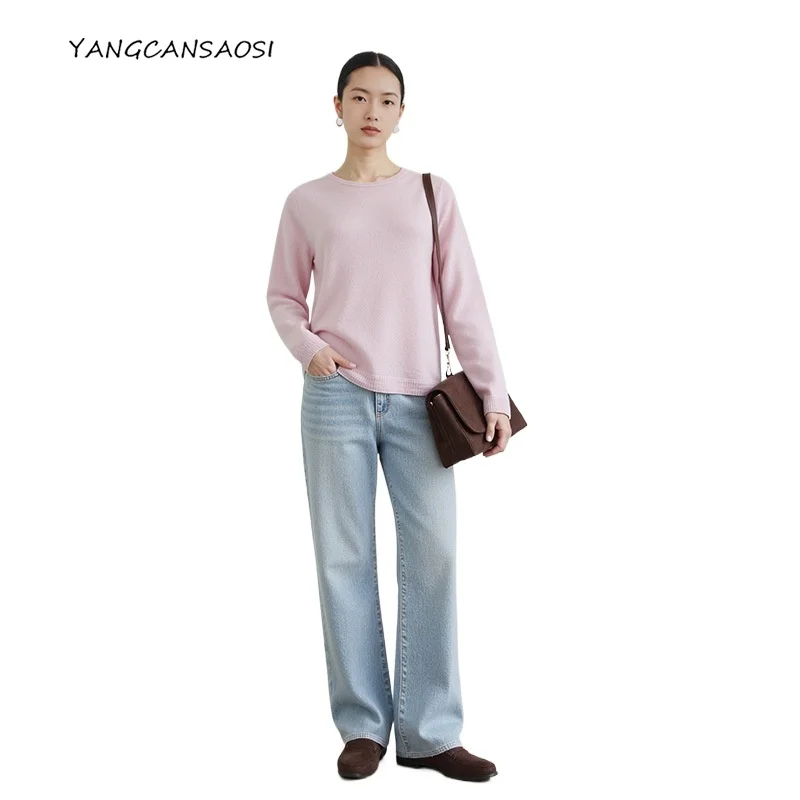 

2025 Women's Fashion Autumn/Winter New 100% Wool Lazy Style Loose Round Neck Long Sleeved Pullover Knitted Bottoming Sweater