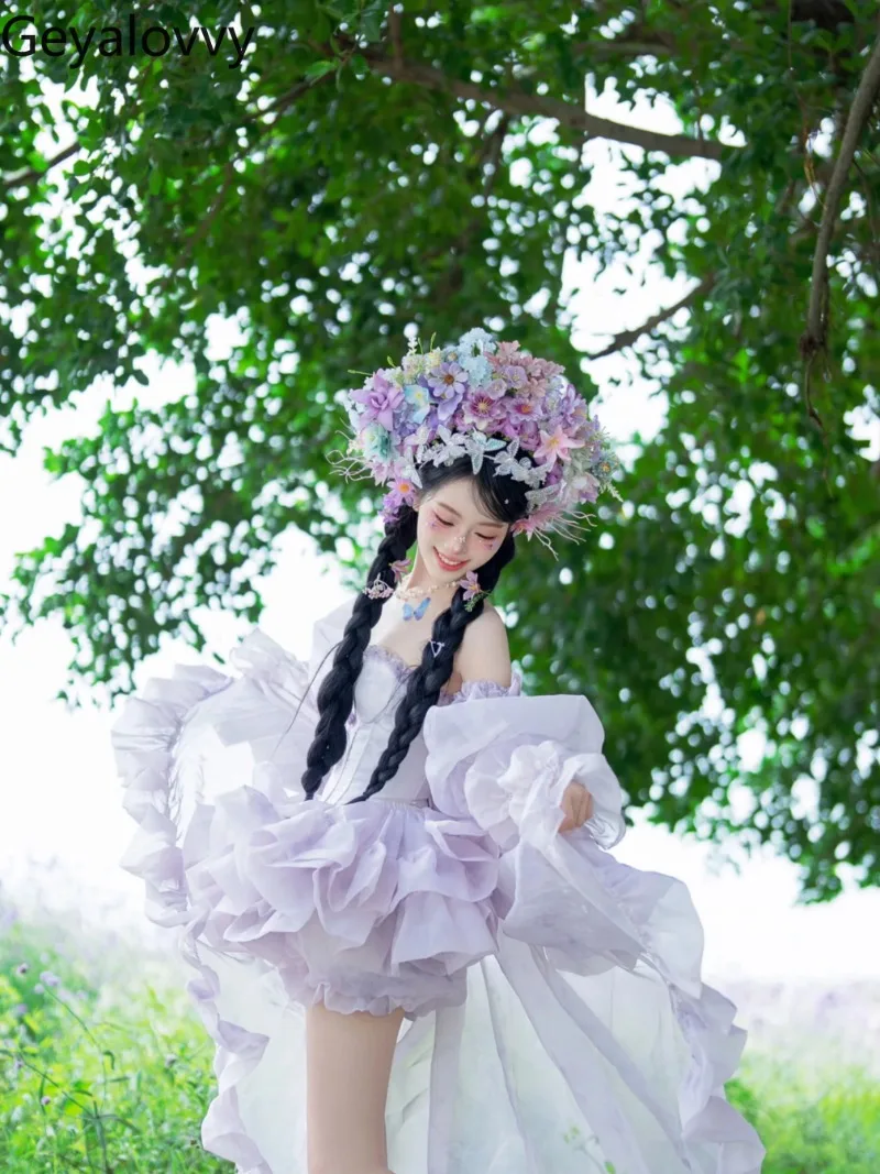 Summer Purple Outfits Princess Style Bow Trailing Slimming Tube Top and Elastic Waist Short Puff Skirt Sweet and Cute Girl Suit