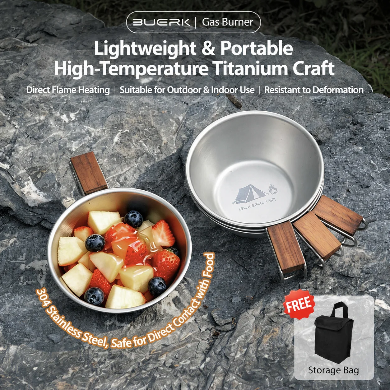 Buerk Sierra Cup 150ML 300ML 500ML Titan-Campingschüssel mit Holzgriff Tragbare Outdoor-Nudelsuppen-Schüssel Hitzebeständiges Geschirr