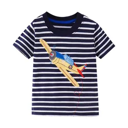 Jumping Meters 2-7T Boys Aircraft Embroidery Striped Kids T Shirts Summer Children's Clothing Fashion Baby Tees Tops