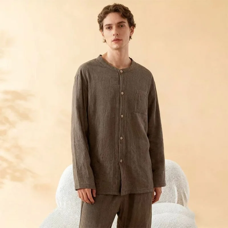 

Men's 100% Pure Cotton Soft Lightweight Pajama Set, Breathable Loose Fit Button-Front Loungewear, Simple Home Wear with Pocket